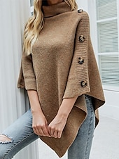 economico Maglioni e cardigan-Per donna Felpa Pullover Maglione Informale Morbido Tinta unica A coste A collo alto Bottoni Lavorato a maglia Mezza manica Top regolari Maglia Esterno Giornaliero Fine settimana Nero Rosso Autunno