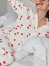 billiga Sovkläder till damer-kvinnors alla hjärtans pyjamasset hjärta avslappnad komfort hem daglig komfort varm v-ringad långärmad kofta byxa knapp upp resår midja höst vinter hem outfits