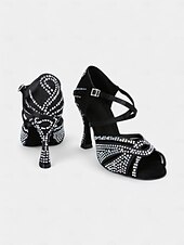 abordables Chaussures de danses latines-Escarpins de danse pour femmes en strass dorés avec brides croisées et semelle en daim – idéals pour les spectacles de danse de salon et de danse latine