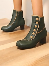 cheap 1930s-Victorian Vintage Green Leather Ankle Boots for Women – Retro Button Design with Scalloped Trim, Perfect for Fall Fashion