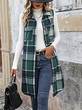 baratos Colete-Mulheres Colete Ao ar livre Rua Roupa Diária Outono Inverno Longo Casaco Normal Térmico / Quente Respirável à moda Casual Casaco Sem Manga Listras e xadrez Com bolsos Imprimir Laranja Verde Cáqui