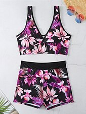 billiga Bikiniset-Dam Badkläder Bikini 2 st Pojkeben Baddräkt Öppen rygg Hög midja Smal Semester Standkläder Blommig Löv V-hals Ärmlös Baddräkter