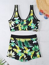 billiga Bikiniset-Dam Badkläder Bikini 2 st Pojkeben Baddräkt Öppen rygg Hög midja Smal Semester Standkläder Blommig Löv V-hals Ärmlös Baddräkter