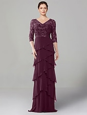 baratos Comprimento do chão-Vestido Sheath Mãe da Noiva Vestido Elegante Decote em V Comprimento do Chão Chiffon Stretch Mangas Médias com Renda Camadas em Cor Sólida