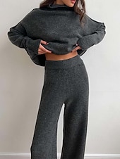 cheap Sweater Co-ords-Women&#039;s Sweater Co-ords Sweater Set Casual Soft Pure Color Ribbed Turtleneck Split Knitted Long Sleeve Regular Tops Knit Outdoor Daily Weekend Khaki Dark Gray Fall Winter