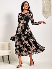billige Kjoler til nyttårsaften-kvinners a-linje midikjole lange ermede paljetter floral elegant svart semi-formell glitrende skinnende skjørt rund hals bryllupsfest teaterbegivenhet vår høst moteklær klær s m l xl xxl