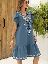 halpa Boho-mekot-Ystävänpäivä Naisten Normaali Mini mekko Rento mekko Pitkähihainen Boho-mekko Boho-mekko Perus Vapaa-aika Boheemi Loma Ystävänpäivä Katu Loose Fit Kukka Asetelma Lyhythihainen V kaula-aukko Sininen