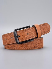 cheap Men&#039;s Belts-Men&#039;s Vintage Embossed Faux Leather Belt with Geometric Pattern – Classic Western Style Fashion Accessory