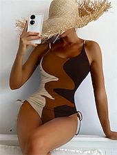 billiga One-piece-baddräkter-Dam Badkläder En bit Monokini Baddräkt Öppen rygg Magkontroll Hög midja Smal Semester Standkläder Färgblock U-hals Ärmlös Baddräkter