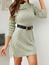 ieftine Rochii tricotate-Pentru femei Pulover de Crăciun urât Rochie pulover Elegant Modă Zilnic Culoare solidă Glugă Tricotat Texturat Manșon Lung Topuri lungi Tricotat Muncă Alb Trifoi Toamnă Iarnă
