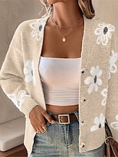 Women's Sweater Cardigan Casual Soft Floral Ribbed V Neck Buttons Knitted Long Sleeve Regular Tops Knit Outdoor Daily Weekend Black Light Grey Fall Winter 13