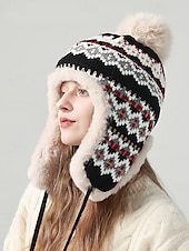 economico Cappelli da donna-berretto invernale lavorato a maglia con pompon e fodera in pelliccia sintetica - caldo berretto con paraorecchie per donna