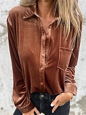 voordelige Elegante topjes-Dames Overhemd Blouse Effen Kleur Basic Casual Lange mouw Overhemdkraag Normale tops Dagelijks Knop Fuchsia Bruin Groen Herfst Winter