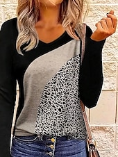 billige Kunst &amp; Design t-skjorte-Dame T skjorte Leopard Fargeblokk Fritid Langermet V-hals Vanlige topper Daglig Trykt mønster Svart Vår Høst