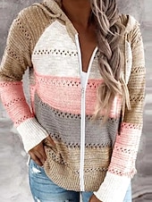 billige Grafiske mønstre og detaljer-Dame Genser Pullover genser Fritid Myk Stripet Riflet Med hette Strikket Langermet Vanlige topper Strikke utendørs Daglig Helg Rosa Vin Høst Vinter