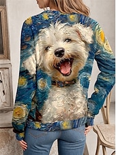 abordables Sudadera-Sudadera de mujer con estampado de perro para uso diario, informal, cuello redondo, manga larga, microelástica, otoño e invierno, cómoda, transpirable, tejido suave