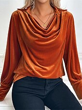 billige Dressy topper-Dame Skjorte Bluse Helfarge Fritid Langermet Cowl-hals Vanlige topper Daglig Brun Høst Vinter