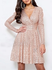 abordables mini robe noire-robe paillette Robe casual Robe Trapèze Femme Mini robe Paillettes Soirée Décontractées Col V manche longue Standard Noir Blanche Fuchsia M L XL