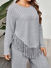abordables grande taille deux pièces-Femme Grande taille Hauts T shirt Tee Ensemble Couleur unie Franges manche longue Col Ras du Cou Décontractées du quotidien Polyester Automne Hiver Fuchsia Vert