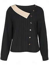 preiswerte Damen Arbeitsoberteile-Damen Hemd Bluse Feste Farbe Basic Brautkleider schlicht Langarm V Ausschnitt Normale Oberteile Täglich Patchwork Knopf Schwarz Herbst Winter