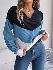billige Grafiske mønstre og detaljer-Dame Genser Pullover genser Fritid Myk Fargeblokk Riflet V-hals Strikket Langermet Vanlige topper Strikke utendørs Daglig Helg Blå Kakifarget Høst Vinter