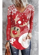 preiswerte Weihnachts-T-Shirts-Damen Bluse Langarm V-Ausschnitt Print Weihnachtsmannmütze Weingläser Urlaubs T-Shirt Schwarz Festlich Casual Party Top Bequem