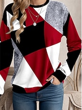 abordables Tops a Rayas y Geométricos-Sudadera de mujer con estampado geométrico para uso diario, informal, cuello redondo, manga larga, microelástica, otoño e invierno, cómoda, transpirable, tejido suave