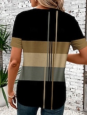 abordables T-shirt rayé et géométrique-t-shirt femme décontracté imprimé rayé manches courtes hauts réguliers col rond quotidien vert été