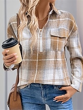 preiswerte Damen Grafik Tops-Damen Hemd Bluse Plaid Basic Brautkleider schlicht Langarm Hemdkragen Normale Oberteile Täglich Zip Bedruckt Khaki Herbst Winter