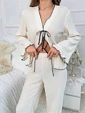 abordables Pijamas para mujeres-Conjunto de pijama para mujer, color puro, informal, cómodo, para el hogar, uso diario, cálido, cuello en V, camisa de manga larga, pantalón, cintura elástica, conjuntos para el hogar para otoño e