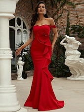 preiswerte ROT-Abendkleid im Meerjungfrauen-Stil, elegantes Kleid, formelle Schleppe, kurze Ärmel, schulterfrei, Tasche, Stretch-Crêpe mit Falten 2025
