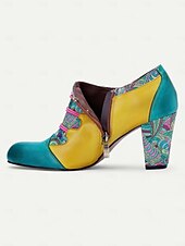 olcso Block Heels-női színes virágos, fűzős blokksarkú cipő - vintage stílusú bőr bokacsizma dekoratív virág díszítéssel