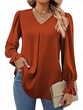 preiswerte Damen Arbeitsoberteile-Damen Hemd Glatt Modisch Modern Brautkleider schlicht Langarm V Ausschnitt Normale Oberteile Täglich Wochenende Rüsche Rote Grün Khaki Herbst Winter