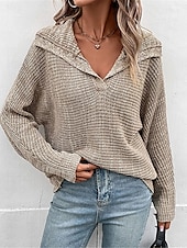 cheap Solid Colors-Women&#039;s Sweater Pullover Sweater Jumper Casual Soft Solid Color Ribbed Hooded Knitted Long Sleeve Regular Tops Knit Outdoor Daily Weekend Khaki Fall Winter