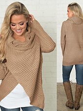 billiga Tröjor och koftor-dam tröja tröja tröja turtleneck stickad knapp stickad höst vinter utomhus nyår mode avslappnad mjuk långärmad enfärgad khaki
