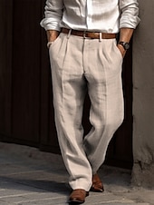 cheap Business-Men&#039;s Linen Pants Trousers Summer Pants Pleated Pants Dress Slacks Front Pocket Straight Leg Plain Comfort Breathable Casual Daily Holiday Fashion Basic Black White