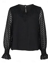 cheap Lace Tops-Women&#039;s Elegant Lace Tops Eyelet Blouse Casual Solid Color Regular Tops Long Sleeve Crew Neck Lace Patchwork Regular Fit Daily Black Romantic Petite Tops Summer Holiday Wear