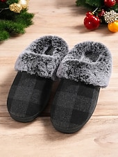 ieftine Flip-Flops de Damă-papuci de damă în carouri căptușiți cu lână - pantofi de casă roșii și negri, în carouri de bivol, cu guler de blană artificială pentru confortul iernii