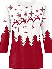 abordables Camisetas navideñas-Camiseta de mujer con estampado de renos, pinos y estrellas, manga larga, cuello redondo, rojo, blanco, informal, festivo, ropa de fiesta
