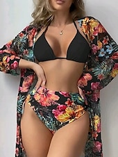 billiga Bikiniset i 3 delar-Dam Badkläder Bikini Tre delar Kalsonger Baddräkt Öppen rygg Hög midja Smal Semester Standkläder Blommig Halterneck Långärmad Baddräkter