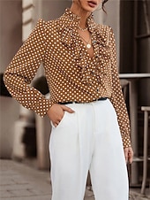 preiswerte Elegante Oberteile-Damen Hemd Bluse Punkt Brautkleider schlicht Langarm Rollkragen Normale Oberteile Täglich Rüsche Patchwork Knopf Schwarz Braun Herbst Winter