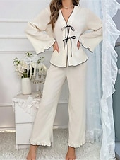 abordables Pijamas para mujeres-Conjunto de pijama para mujer, color puro, informal, cómodo, para el hogar, uso diario, cálido, cuello en V, camisa de manga larga, pantalón, cintura elástica, conjuntos para el hogar para otoño e