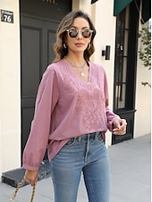 economico Camicie-Per donna Camicia Boho Camicie ispirate al lino Floreale Casual Manica Lunga Manica a Vescovo Scollo a V Top Regolari Vacanza Lavoro Quotidiano Ricamato Rosa Autunno Autunno &amp; Inverno