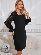 ieftine rochie mini neagra-Pentru femei Rochie neagra Rochii Midi Dantelă Elegant Pătrat Manșon Lung Negru Culoare