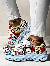 voordelige Damessneakers-kleurrijke grafische print sneakers voor dames – trendy lichtgewicht veterschoenen met zachte zool