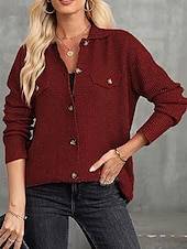 preiswerte Damen Einfache Oberteile-Damen Hemd Bluse Feste Farbe Basic Brautkleider schlicht Langarm Hemdkragen Normale Oberteile Täglich Knopf Tasche Wein Khaki Grau Herbst Winter