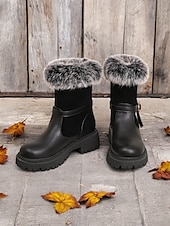 baratos Botas de neve e inverno-botas de inverno femininas com acabamento em pele sintética – botas de cano curto estilosas e quentes com detalhe de fivela e sola resistente, perfeitas para aventuras ao ar livre em climas frios