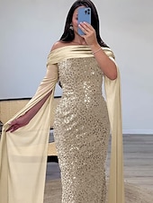 levne šampaň-Šaty v pouzdrovém střihu Večerní šaty S flitry Elegantní Formální Dlouhá délka Dlouhý rukáv Na jedno rameno Champagne Matka nevěsty Šaty s třpytivým šátkem Maškarní šaty