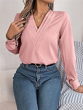 preiswerte Elegante Oberteile-Damen Hemd Bluse Feste Farbe Basic Brautkleider schlicht Langarm V Ausschnitt Normale Oberteile Täglich Weiß Rosa Wein Herbst Winter