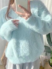 olcso Szilárd színek-női pulóver pulóver pulóver fuzzy jumper v nyak bordázott kötött kötött ősz tél szabadtéri mindennapi hétvége alkalmi puha hosszú ujjú tiszta szín sárga kék